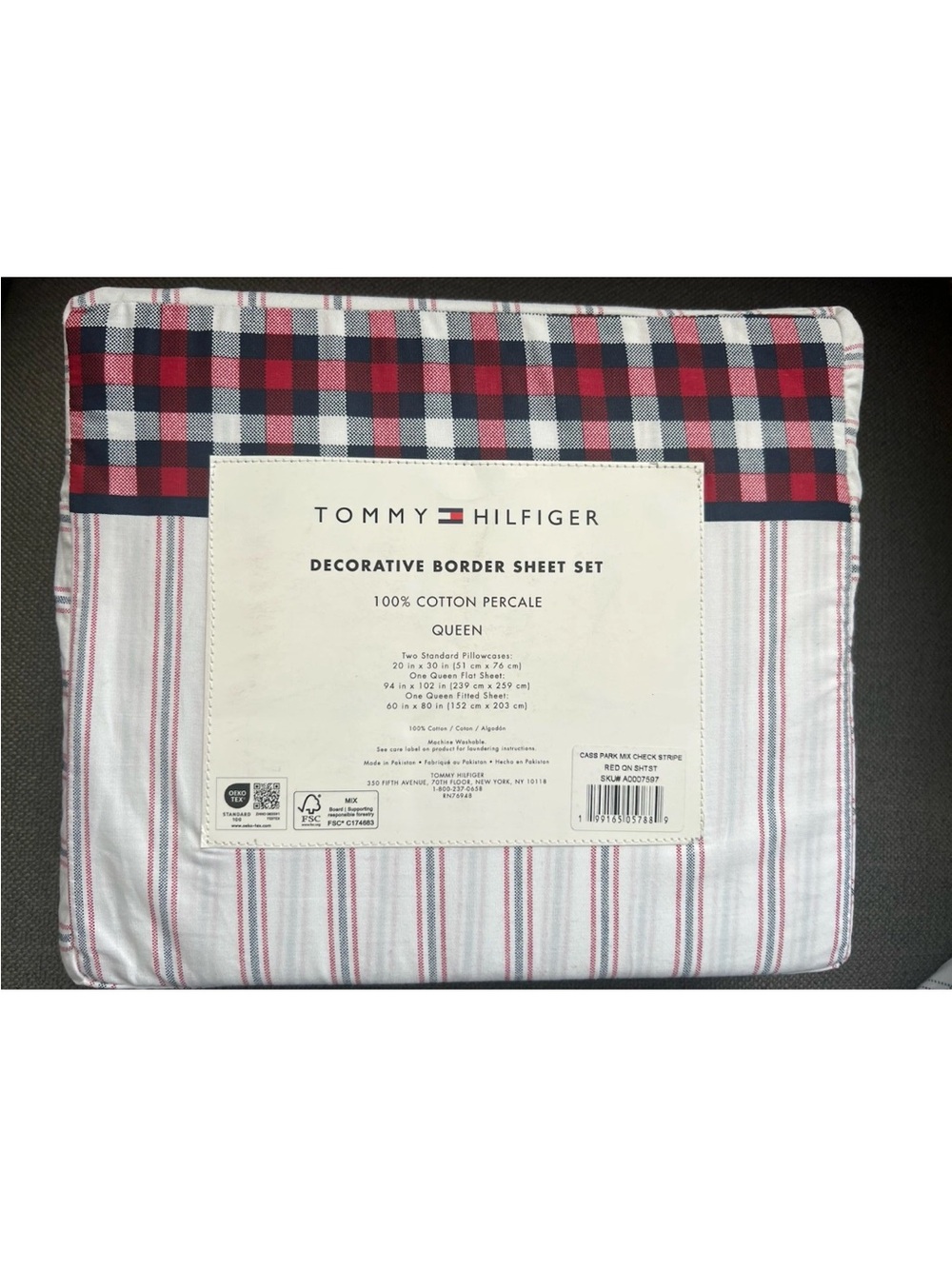 Tommy Hilfiger Queen Sheet Set Cass Park Check Stripe Plaid Red Blue 4 Pc Cotton